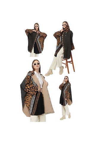 Kadın Büyük Bedene Uygun Kapüşonlu Kışlık Kalın Leopar Desenli Panço Leopar Kahve Kahverengi