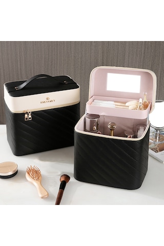 Hfambition Siyah Pu Kosmetik Çantası - Büyük Kapasite, Çekirdek Bölme, Fırça Yeri Ve Ayna İle Taşınabilir Makyaj Organizer