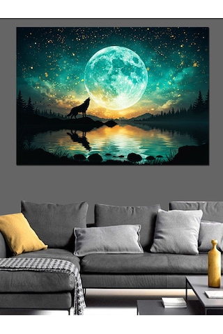 Dolunay Manzarasında Uluyan Kurt Dekoratif Kanvas - Mdf Ahşap Tablo