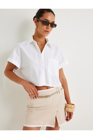 Koton Crop Gömlek Kısa Kollu Cep Detaylı Beyaz 4sak60177ew