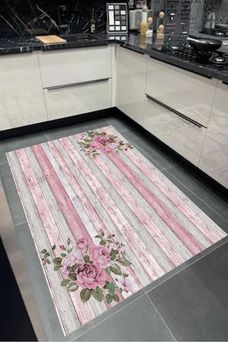 Dijital Baskılı Pembe Çiçek Desenli Dekoratif Yıkanabilir Kaymaz Taban Mutfak Halısı Çok Renkli