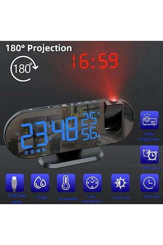 Çok Foksiyonlu Led Projeksiyonlu Dijital Alarm Saati Sıcaklık Nem Göstergeli Usb Şarj 180 Dönen Siyah