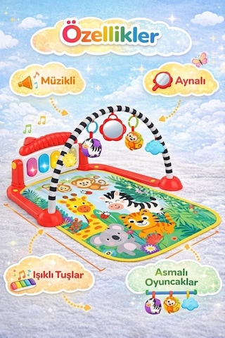 Safari Temalı 4'ü 1 Arada Müzikli Işıklı Sesli Piyanolu Oyuncaklı Aksesuarlı Eğitici Oyuncak Halı