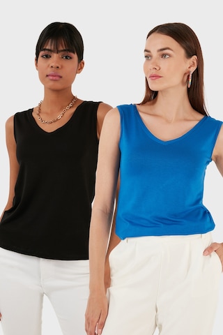 Lela Slim Fit V Yaka Kalın Askılı 2' Li Paket Bayan Bluz 5864384S2 Siyah-Saks