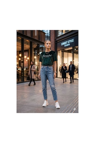 Maşuka Kadife Kumaş Yazlık Kadın T-shirt Tişört Zümrüt Yeşili Zümrüt Yeşili