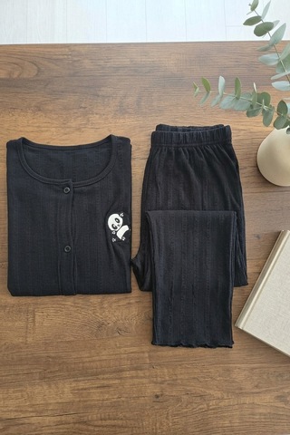 Aura Collections Kadın Ayıcık Desenli Bambu Viskon Kısa Kollu Soft Örme Pijama Takımı Siyah