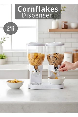 2 Li Cornflakes Dispenseri 7 L Çift Hazneli Müsli Granola Kuruyemiş Kahvaltı Tahılları Sunum Aparatı Beyaz