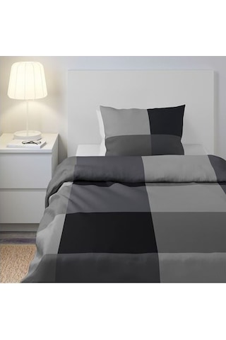 Tek Kişilik Nevresim Takımı, Siyah 150x200 Cm %100 Pamuk Siyah Kare Çizgi
