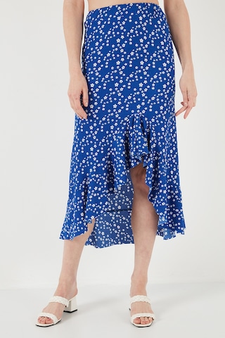 Lela Çiçek Desenli Regular Fit Volanlı Yüksek Bel Midi Boy Yırtmaçlı Bayan Etek 5869012 Saks