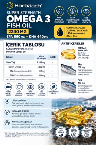 Horbäach Super Strength Omega 3 Balık Yağı 2240 Mg 120 Yumuşak Kapsül
