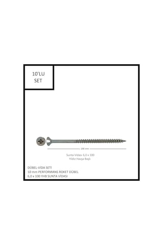 Dübel-vida Seti, Performans Roket Dübel 10 Mm, 6,0x100 Yhb Sunta Vidası, 10 Adet