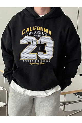 Tarzsokak California Athletic Division Number 23 Baskılı Hoody Erkek Sokak Stili Yumuşak Sweatshirtler Siyah