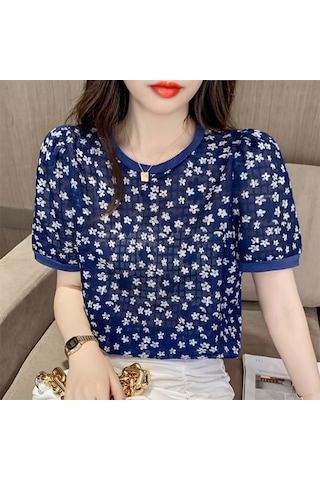 Koyu Mavi Vonda Kadın Yaz Yuvarlak Yaka Puf Kısa Kollu Pileli Çiçekli Bol Bluz