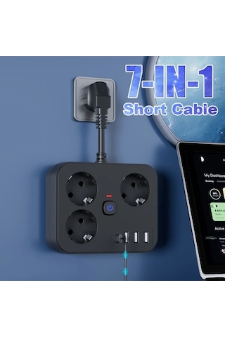 Xuweiwei 7si 1 Arada Priz 3 Ac 3 Usb 1 Type C Siyah Kısa Kablo 152 Cm Ev Ofis Seyahat