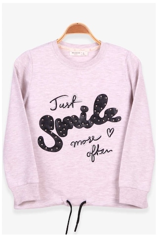 Kız Çocuk Sweatshirt Incili Taşlı Beli Bağcıklı Bej Melanj (6-12