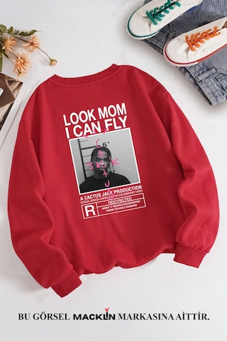 Macklin Unisex Kadın Erkek Travis Scott Cactus Jack Özel Tasarım Baskılı Bisiklet Yaka Sweatshirt Kırmızı1 Mck1298 Kırmızı