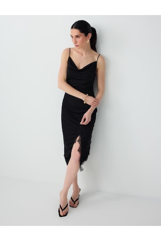 Jimmy Key Siyah Kalın Askılı Midi Örme Elbise 6sw067322900