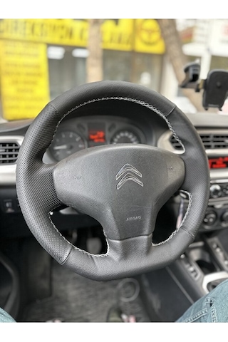 Citroen C-elysee Araca Özel Direksiyon Kılıfı Uyumlu Nokta Düz Siyah Dikişli siyah