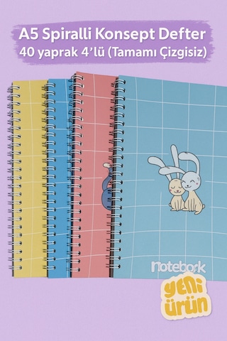A5 Spiralli Konsept Defter 40 Yaprak 4'lü Tamamı Çizgisiz