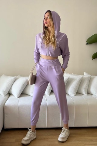 Penyebizden Kadın Viskon Kapşonlu Oversize Crop Sweatshirt-lila