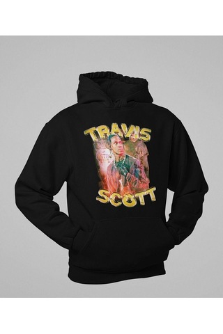 Travis Scott Rapper Baskılı Unisex Oversize Hoodie Siyah