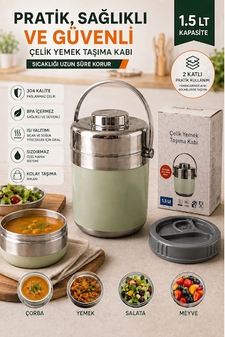 1.5 Lt 2'li Paslanmaz Çelik Sızdırmaz Termos Yemek Taşıma Kabı / Sefer Tası Beslenme Kutusu Çelik Rengi