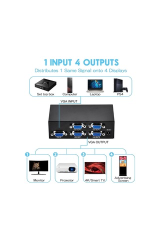 4 Port Vga Splitter 200 Mhz 1 Giriş 4 Çıkış Video Ekran Çoğaltma