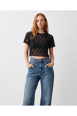 Dantel Crop Bluz Siyah
