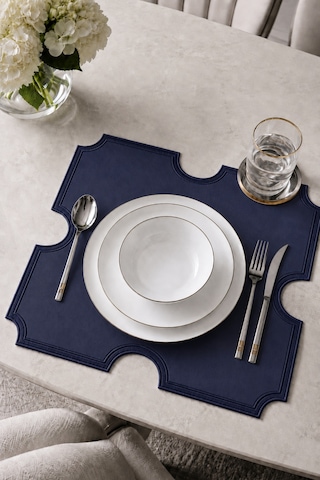 Nakışlı Deri Amerikan Servis 2'li Set Çift Taraflı Kare Supla 45x45 Cm Otis Lacivert