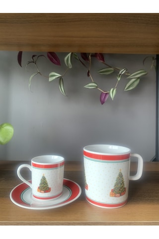Yeni Yıl-noel Çam Ağacı Model 6 Parça 2 Kişilik Kupa Ve Türk Kahvesi Fincanı Takımı Çok Renkli