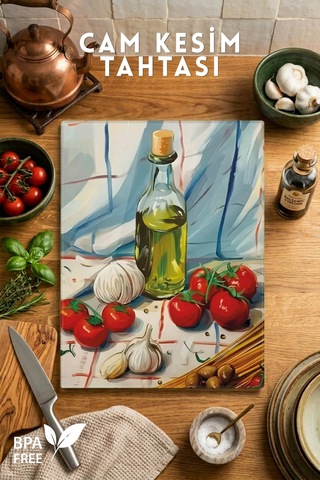 İtalyan Mutfak Desenli Cam Kesim Tahtası - 25x35cm -dayanıklı Ve Pratik Kesim Matı Çok Renkli