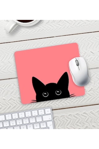 Açık Kırmızı Renk Kedi Baskılı Mouse Pad 23x19cm Fare Altlığı Kaydırmaz Taban Mousepad