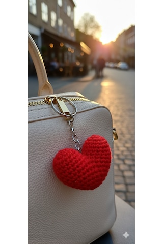 El Yapımı Amigurumi Kırmızı Kalp Anahtarlık & Çanta Süsü