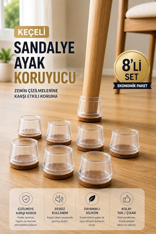 8 Li Keçeli Şeffaf Silikon Sandalye Ayak Koruyucu Sessiz Zemin Çizmez L Beden 30mm
