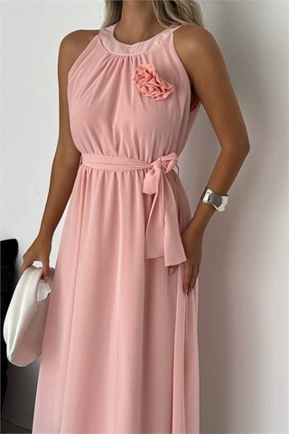 Kadın Astarlı Sıfır Kol Şifon Elbise Dpnbk2144 Pudra