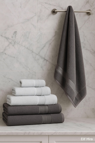 6 Parça Banyo Havlusu Seti Pamuklu 70x140 Cm Serenio Antrasit-Açık Gri