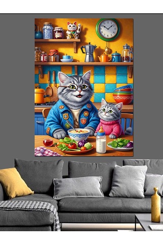 Ahşap Tablo Kedi Aşçı Yemek Yapıyor