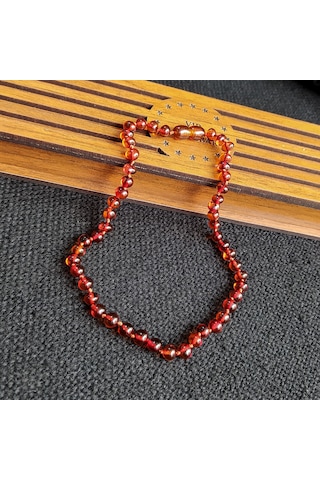 Sertifikalı Konyak Rengi 35 cm Kız Erkek Bebek Diş Kolyesi Mavi