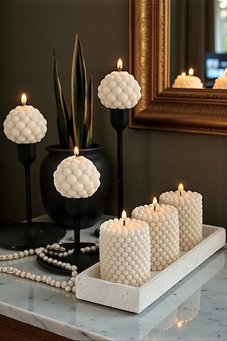 Dekoratif Luxury 6 Lı Bubble Mum Seti Şamdanlar Ve Tabak Dahil Değildir Beyaz