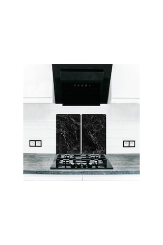 Dekoratif Cam Ocak Koruyucu ve Kesim Tablası Siyah Mermer 60Cm X