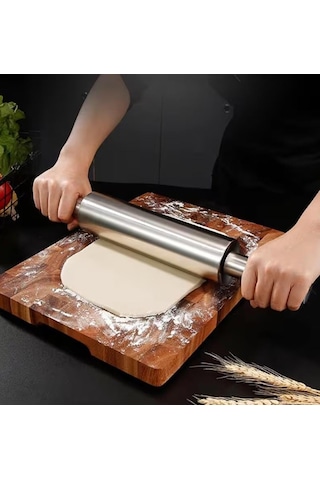 Paslanmaz Çelik Merdane - Ergonomik Döner Saplı Hamur Açma Rulosu Mutfak Şef Yardımcısı