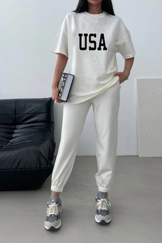 Usa T-shirt Eşofman Altı Jogger-beyaz Baskılı Alt Üst Eşofman Takım Oversize Bisiklet Yaka Fbeyaz