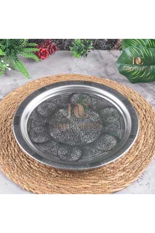 430 Kalite Krom Çelik 9 Adet Tepsi 24 Cm Fırına Uygun, Osmanlı Motifli, Kebap & Restoran Sunum Tepsisi Gri