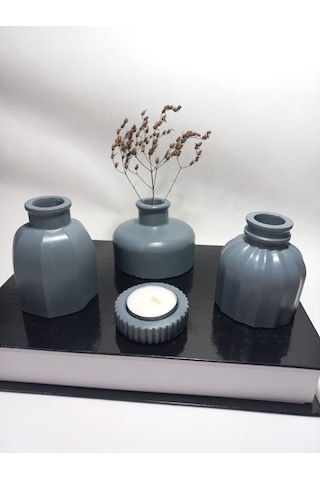 Modern Minimal Vazo Set 3'lü, Ev & Ofis Hediyelik, Dekoratif Obje, Gri