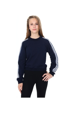Toontoy Kız Çocuk Relax Fit Dik Yaka Düşük Omuz Kolu Garnili Sweatshirt - 2 İplik Lacivert