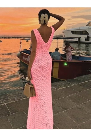 Gizers Giyim Kadın Askılı V Yakalı Uzun Triko Elbise Pembe