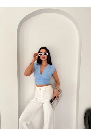 Efnaz Style Vatkalı Kolsuz V Yaka Drapeli Crop Bluz Likralı Fit - Bebek Mavisi