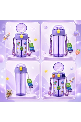 Heydiye Mâbeyn İkili Suluk 550 Ml Tritan Bpa-bps Free Matara, Çift Hazneli, Çift İçim Kapaklı, Bilek Ve Boyun Askılı, Sticker & 3d Figür Hediyeli Açık Mor