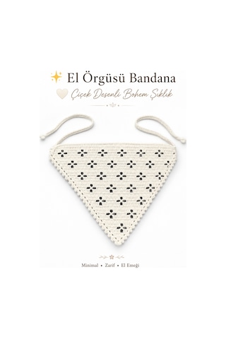 El Örgüsü Çiçek Desenli Kombin Saç Bandanası Bohem Kadın Bandana Yazlık Örgü Bandana Ayarlanabilir Saç Aksesuarı Beyaz