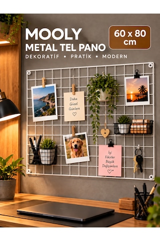 Mooly 60x80 Cm Beyaz Metal Tel Pano, Fotoğraf Askısı, 4 Adet Montaj Çivisi Hediyeli